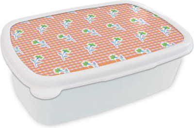 Broodtrommel Wit - Lunchbox - Brooddoos - Bloemen - Ruiten - Patroon - 18x12x6 cm - Volwassenen