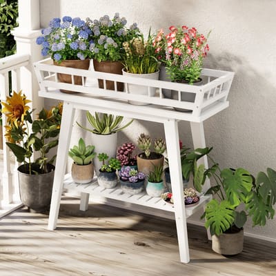 unho Modern Plantenrek Wit - Stevige Plantenstandaard voor Binnen - Bloemenrek met 2 Niveaus - Belastbaar tot 70kg - Plantentafel - 74 x 27 x 69 cm