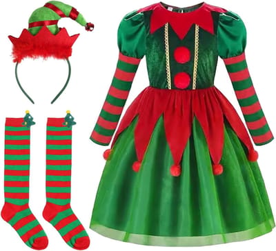 Kerstkostuum voor Kinderen 3-12 Jaar - Feeën Outfit met Hoofdband en Sokken voor Feestjes, Cosplay en Familiebijeenkomsten