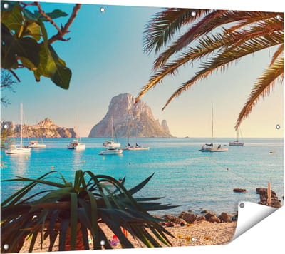 Gards Tuinposter Ibiza Cala d'Hort Strand - 120x90 cm - Tuindoek - Tuindecoratie - Wanddecoratie buiten - Tuinschilderij