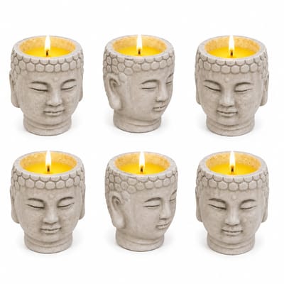 Kaarsen Set van 6 – Boeddha Gezicht – Cementen Pot – Buitenkaarsen voor Tuin, Balkon & Terras – 9 x 8 x 9,5 cm