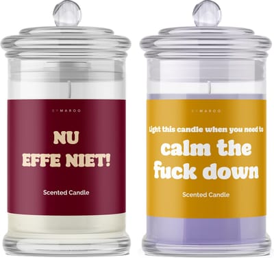 Kaarsen Duo Lavendel & Cotton - Nu Effe Niet - Calm The Fuck Down - Grappige Cadeaus Voor Ontspanning met Humor - Verjaardag Cadeau voor man, vrouw - Geschenkset - cadeautjes Volwassenen