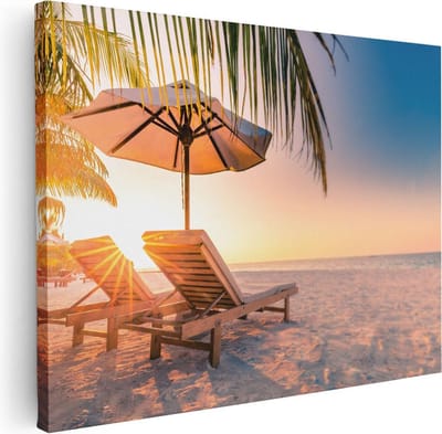 Artaza Canvas Schilderij Zonsondergang Strand - 40x30 cm - Klein - Wanddecoratie Zee - Muurdecoratie Ligstoelen - Kamer Accessoires Woonkamer