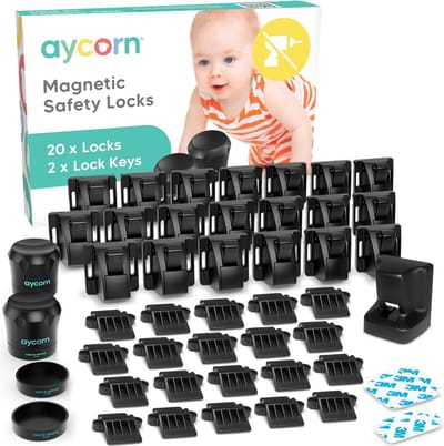 AYCORN Magnetisch Kinderslot Kastjes – 20 Sloten en 2 Sleutels – Baby Peuter Magneet Beveiliging voor Kast, Deur en Lade – Incl Instructievideo – Geen Boor of Schroeven - Zwart