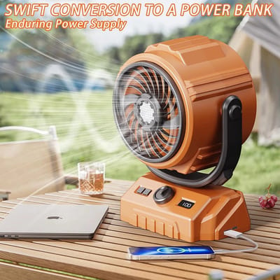 Camping Ventilator - Buiten Ventilator - 100 Windsnelheid - 270° Verstelbare - met LED-verlichting - Automatisch Schudden van de Kop - Oranje