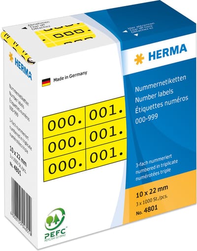 HERMA 4801 Nummeretiketten 3-voud zelfklevend 10x22 mm geel/zwart