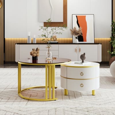 Salontafelset 70/50 cm - 2 Laden en Gehard Glas - Rond Nestbaar Ontwerp - MDF Glas - Wit Bruin