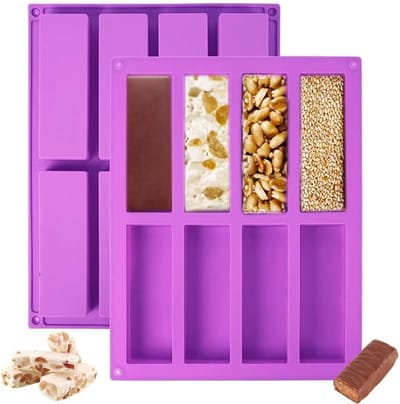 2 Stuks Cereal Bar Mal Siliconen Anti-Aanbaklaag, 8 Cavity Energie Bar Bakvorm, Siliconen Mal Rechthoekige Bakvorm Bar voor Brood, Brownie, Maïsbrood, Cheesecake, Pudding, Muffin, Cake en Zeep (Paars)