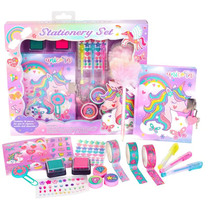 Dailygoods - Eenhoorn dagboek voor meisjes met slot en sleutels, eenhoorn briefpapier set met dagboek, stempels, stickers, pennen, eenhoorn dagboek notitieboek verjaardagscadeau voor meisjes kinderen