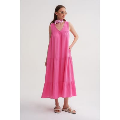Mouwloze V-hals Muslin Midi-jurk met zakken
