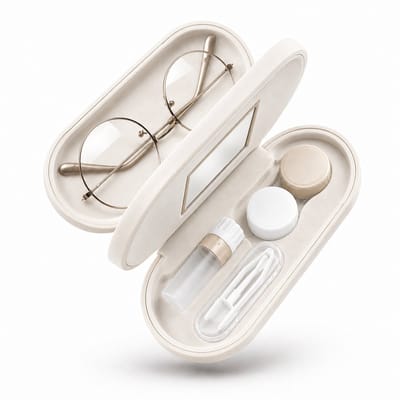 BOTC Grote brillenkoker en Lenzen Zuignap 2in1 - Met lenzendoosje, pincet, vloeistofhouder en spiegeltje - Beige
