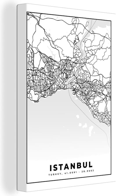 Canvas Schilderij Istanbul - Plattegrond - Stadskaart - Zwart Wit - Kaart - 20x30 cm - Wanddecoratie