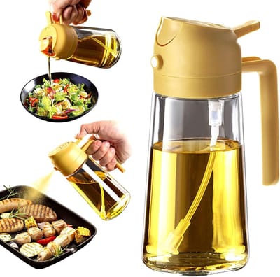 Famanu - Oliedispenser, oliefles, 2-in-1 dispenser en spray, voor olijfolie en azijn, 470 ml, BPA-vrij, voor de keuken, barbecue, salades (1 stuk, Geel)
