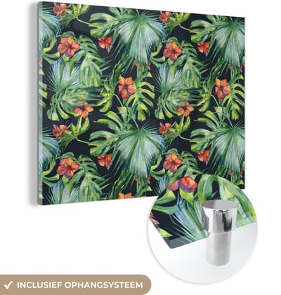 MuchoWow® Glasschilderij 120x90 cm - Schilderij acrylglas - Monstera - Jungle - Bladeren - Foto op glas - Schilderijen