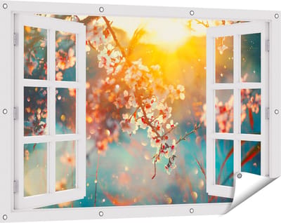 Gards Tuinposter Doorkijk Bloesemboom tijdens Zonsondergang - Bloem - 120x80 cm - Tuindoek - Tuindecoratie - Wanddecoratie buiten - Tuinschilderij