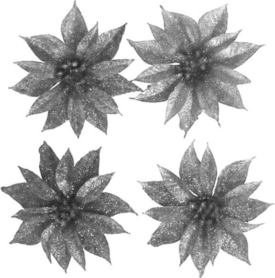 Kerstboomversiering Bloemen - 4x stuks - 9 cm - zilver glitter - op clip