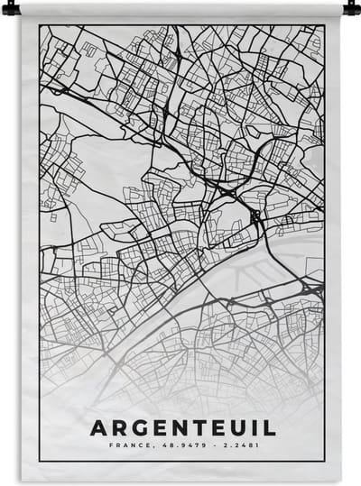 Wandkleed - Wanddoek - Stadskaart - Plattegrond - Argenteuil - Kaart - Frankrijk - Zwart wit - 120x180 cm - Wandtapijt