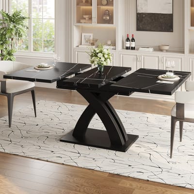 MODFU Eettafel - Uitschuifbaar En X-Vormig Onderstel - Voor Keuken Of Woonkamer - MDF En Metaal - Zwart - 120-160 X 80 Cm