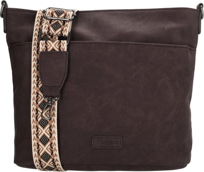 Beagles Malaga Schoudertas - Twee Ritsvakken - Kleurrijke Schouderband - Voorvak - Achtervak - Dames - Afneembaar - Crossbody - Tas - Donkerbruin