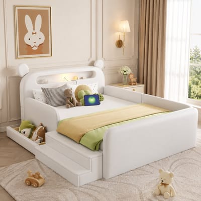 Kinderbed 140x200 cm - Tweepersoonsbed - Gestoffeerd bed - Multifunctioneel bed - Vloerbed - Met opbergvak - Met nachtlampje - Met USB-oplaadpoort - Veilig en comfortabel - Wit