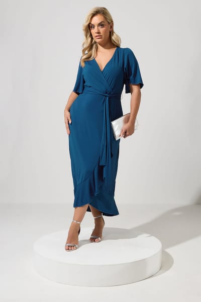 Yours London Blauwe Wikkelmaxijurk Met Korte Mouwen En Ruches Size 38