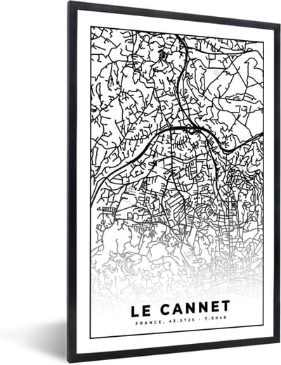 Fotolijst incl. Poster Zwart Wit- Kaart - Plattegrond - Le Cannet - Frankrijk - Stadskaart - Zwart wit - 40x60 cm - Posterlijst