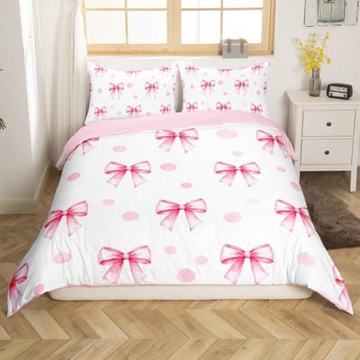 Cartoon roze strik prinsessen beddengoedset, meisjes slaapkamerdecoratie roze en witte dekbedovertrek, 2 kussenslopen AU Double(180x210cm)