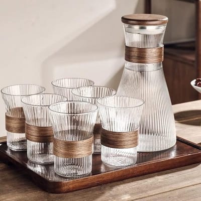 Bavary Karaf met Glazen Set - 7-delig - Waterkaraf (1.1L) met Deksel & 6 Waterglazen (200ml) - Geribbeld Glas met Bamboe / Hout