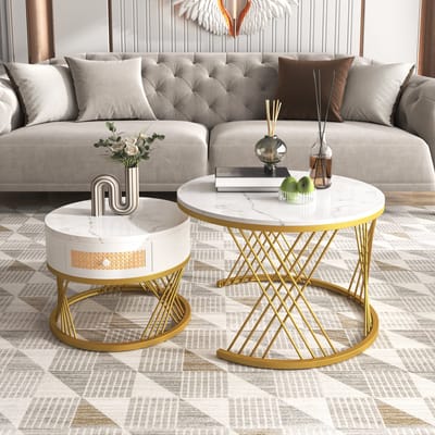 Salontafel Set - 70x70 + 50x50 cm - 2-in-1 Rond Marmerlook - met Rattan en Goud - MDF - Goud