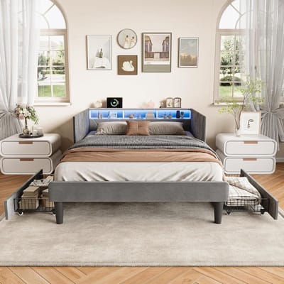 Dagbed Slaapbank - Gestoffeerd Bed - Comfortabel Ontspannen - Met LED en Laden - 140x200 cm - Grijs