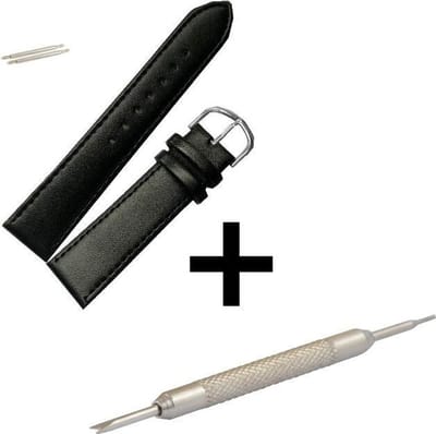 Fako Bijoux® - Horlogebandje - Echt Leer - 20mm - Zwart - Met Montagetool
