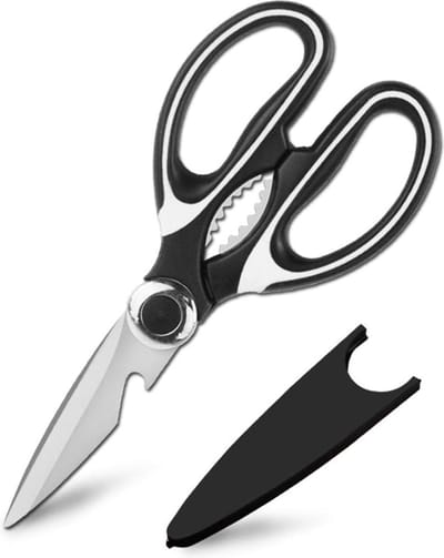 Ainy - Professionele Keukenschaar zwart met scherpe messen | Linkshandig & Rechtshandig | Vleesschaar / huishoudschaar kruiden met flesopener & notenkraker | Vaatwasserbestendig | RVS accessoires schaar voor in de keuken