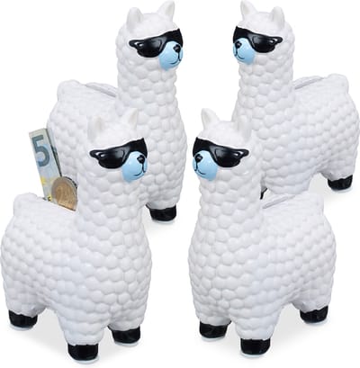 4x Lama spaarpot met zonnebril - spaarvarken - alpaca - keramiek - wit