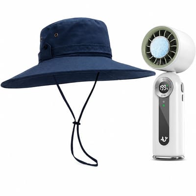 VHV - Zonnehoed en Ventilator Set - heren blauwe opvouwbare vissershoed met brede rand - Aparte handventilator - Voor strand, reizen, wandelen