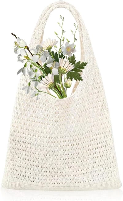 Boho Stijl Gehaakte Strandtas met Dubbele Handvatten voor Vakantie, Winkelen en Reizen, Beige Hollow Design