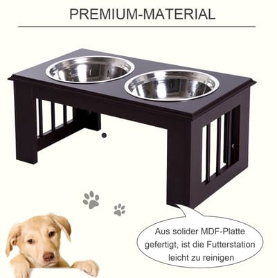HAUSS SPOLE Voerbak – Verhoogd En Antislip – 58,4 x 30,5 x 25,4 cm – MDF En RVS – Espresso – Dubbele Hondenvoerstation Met 2 Uitneembare Bakken