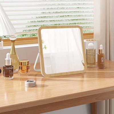 Houten Bureauspiegel met Standaard, Inklapbare Make-up Spiegel voor Badkamer en Tafel