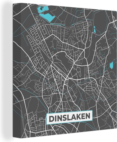 Canvas Schilderij Duitsland – Blauw – Dinslaken – Stadskaart – Kaart – Plattegrond - 20x20 cm - Wanddecoratie