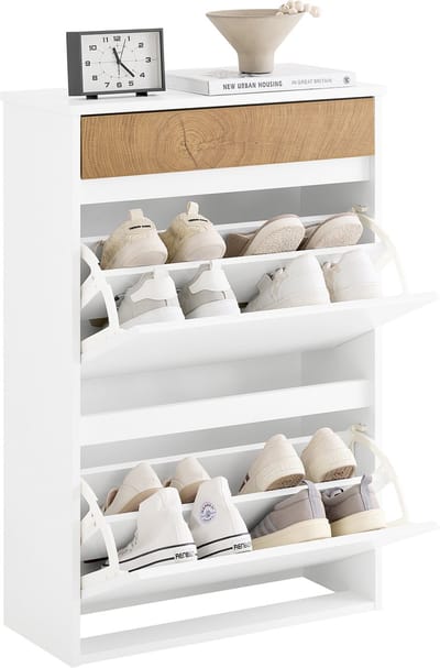 SoBuy FSR205-WN Schoenenrek, schoenenkast – compact met lade en kanteldeuren – Scandinavisch design voor entree en hal – wit hout 61x26x91 cm