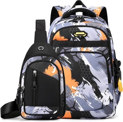 Rugzak voor jongens, set van 2, grote rugzak voor de basisschool, waterdicht, versterkt nylon, geschikt voor jongens van 10 tot 18 jaar, bruin camouflage