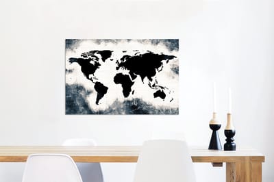 Aluminium schilderij 90x60 cm - Wanddecoratie metaal - Wereldkaart - Hout - Zwart - Metalen muurdecoratie woonkamer - Decoratie industrieel - Foto op dibond - Industriële accessoires slaapkamer
