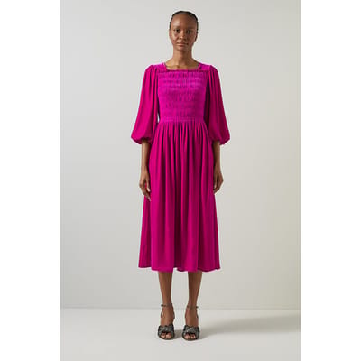 LK Bennett Callista Velvet Midi Dress Bright Pink Maat: 12 | Midi Jurken Outlet | Dames | Roze
