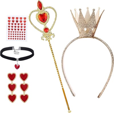 Set van 5 kostuumaccessoires voor koningin met kroon, staaf, hart-halsketting en oorbellen voor Halloween, carnaval en verkleedfeestjes
