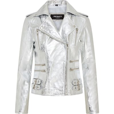 Dames leren zilveren Brando bikerjack - Loddon