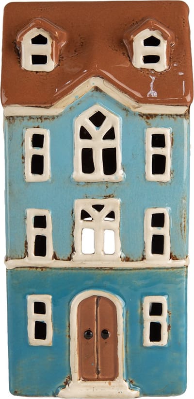 Clayre & Eef Waxinelichthouder Huis 11x9x22 cm Blauw Bruin Keramiek
