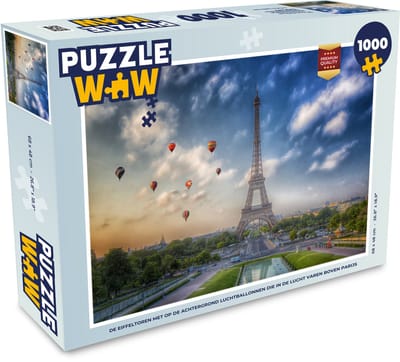 Puzzel De Eiffeltoren met op de achtergrond luchtballonnen die in de lucht varen boven Parijs - Legpuzzel - Puzzel 1000 stukjes volwassenen