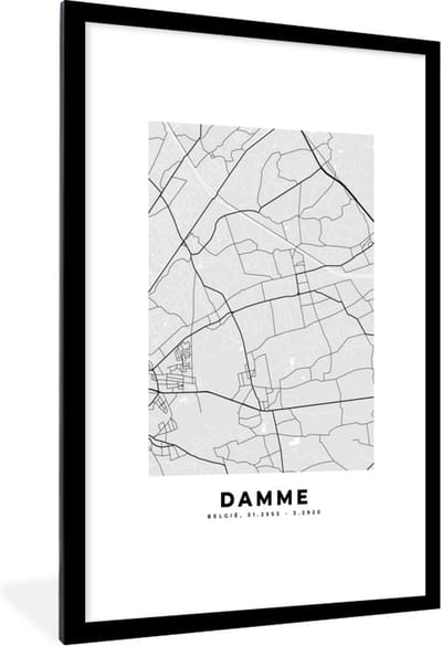 Fotolijst incl. Poster Zwart Wit- België – Damme – Stadskaart – Kaart – Zwart Wit – Plattegrond - 80x120 cm - Posterlijst