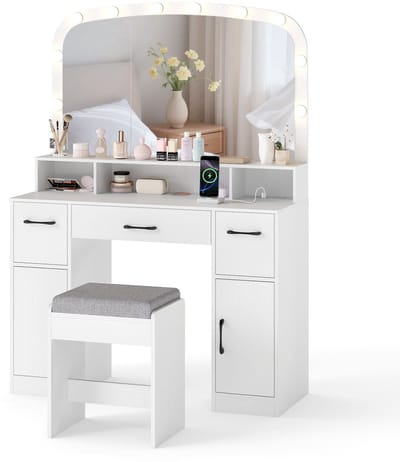 COSTWAY Make-uptafel met make-upkruk en 3 lichtkleuren led-spiegel, kaptafel met laadstation, 3 laden, 2 kasten, make-uptafel incl. cosmeticakruk, 108 x 40 x 149 cm (wit)