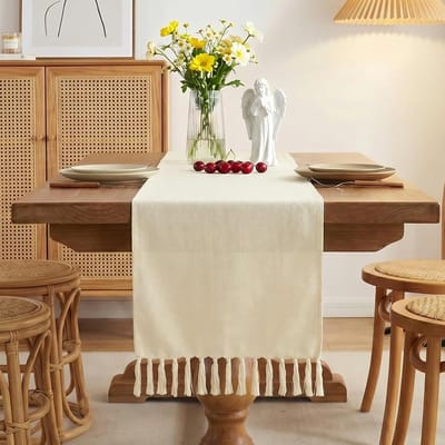 Beige macramé tafelloper, Wasbaar, Beige Boho Plattelands Rustieke Boerderij Taselloper, voor keuken, vintage, boerderij, bohemien, bruiloft, tafeldecoratie, 33x143 cm