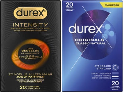 Durex - 40 stuks Condooms - Intensity Nieuwste generatie ultradun, gedeelde lichaamswarmte 20st - Classic Natural 20st - Voordeelverpakking
